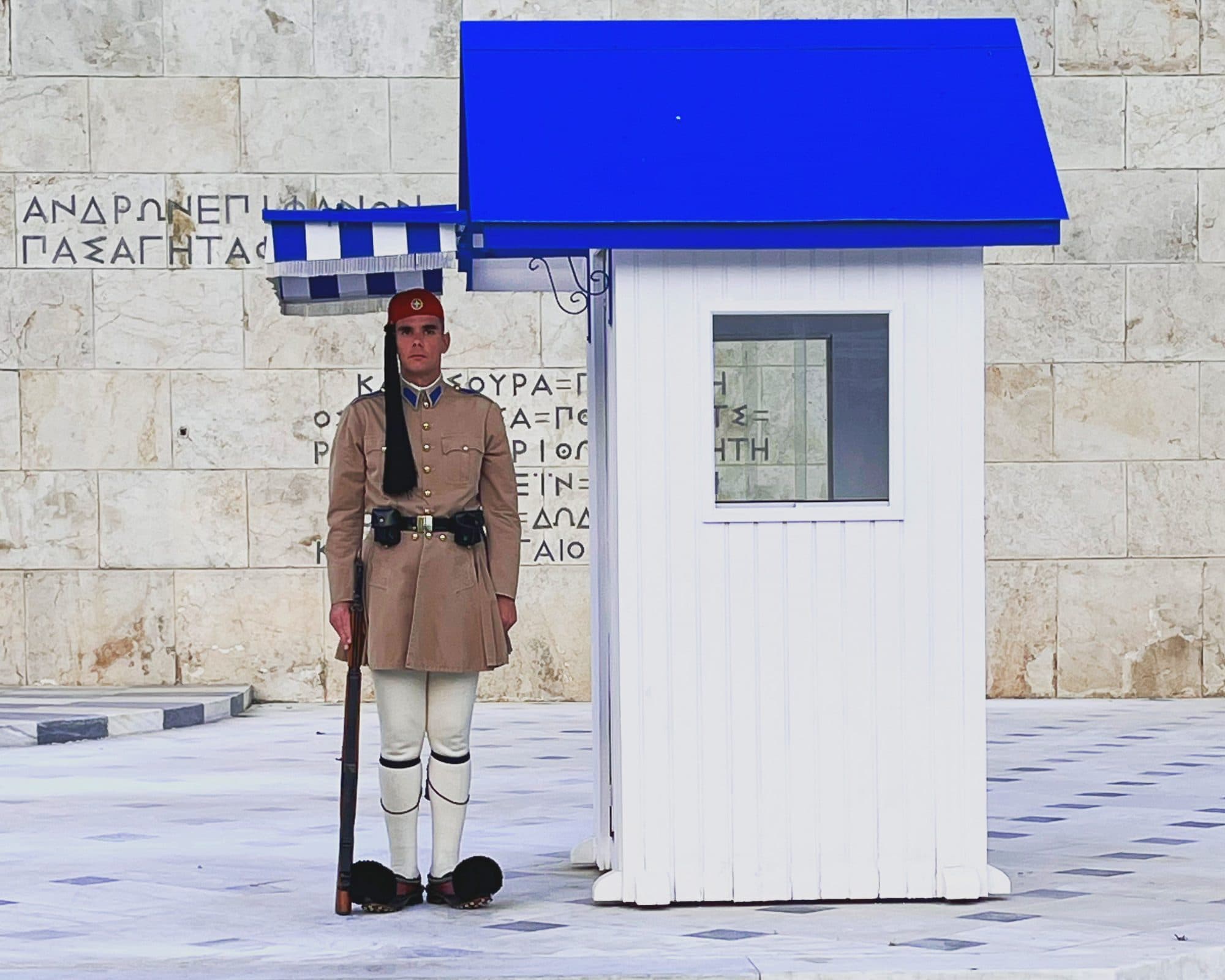 An Evzone on guard at the Tomb of the Unknown Soldier in Syntagma Square, Athens