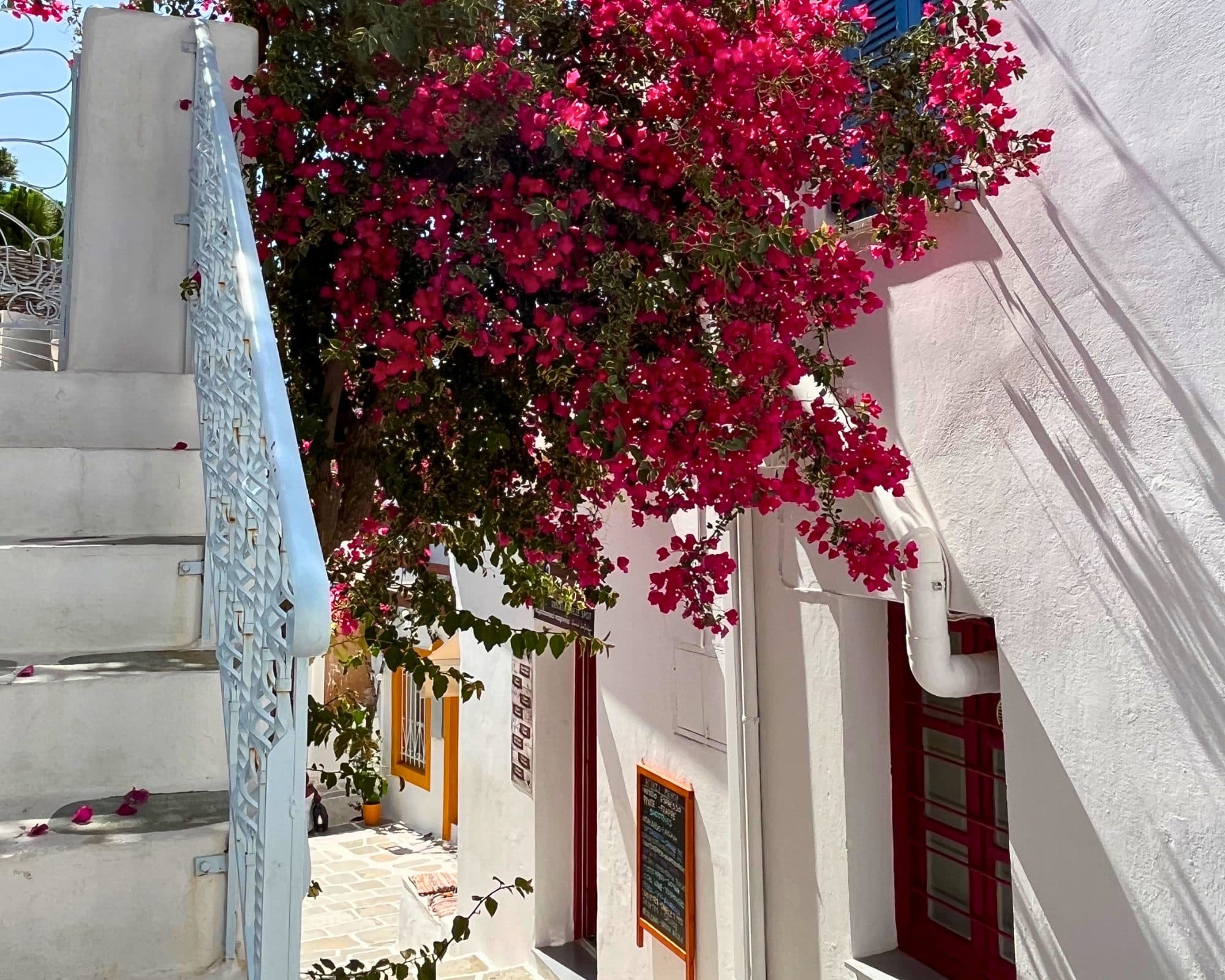 A whitewashed lane in Paros under bougainvillea, with a taverna board beneath it
